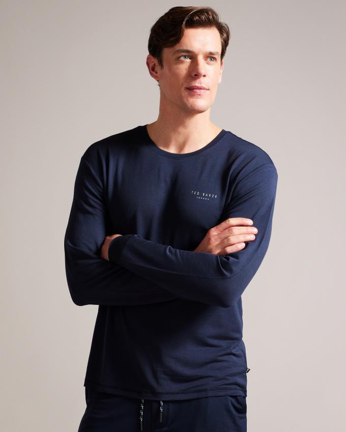 Hauts Ted Baker Solid Cotton Long Sleeve Bleu Marine Homme | AYW-74165826